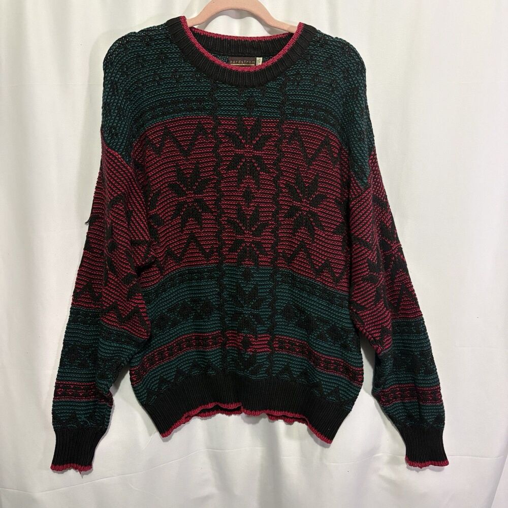 Vintage Nordstrom Men’s 3D Knit Sweater Large Red Green Geometric Snowflake USA